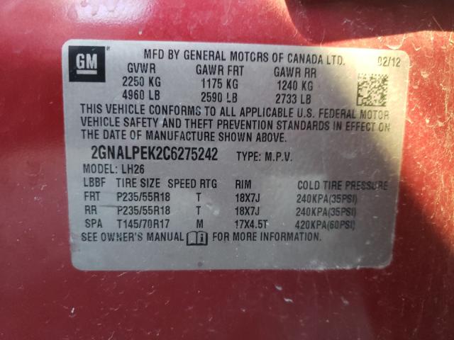 Photo 9 VIN: 2GNALPEK2C6275242 - CHEVROLET EQUINOX LT 