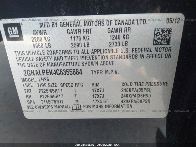 Photo 8 VIN: 2GNALPEK4C6355884 - CHEVROLET EQUINOX 