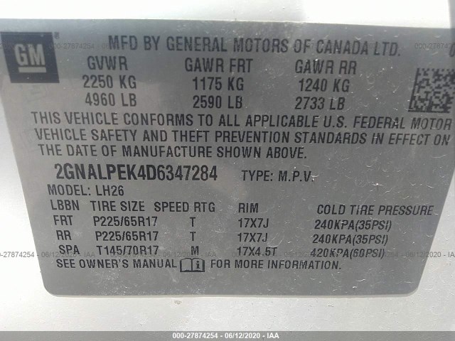 Photo 8 VIN: 2GNALPEK4D6347284 - CHEVROLET EQUINOX 