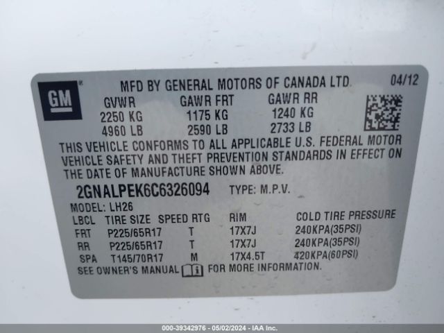 Photo 8 VIN: 2GNALPEK6C6326094 - CHEVROLET EQUINOX 