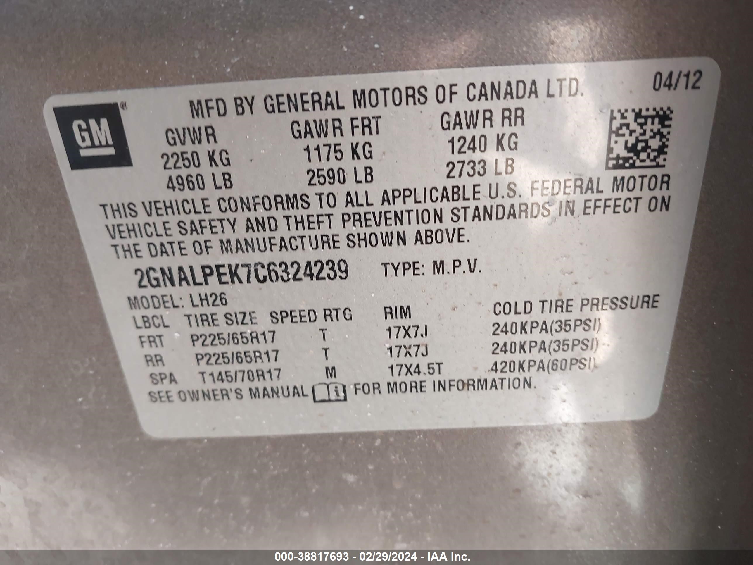 Photo 8 VIN: 2GNALPEK7C6324239 - CHEVROLET EQUINOX 