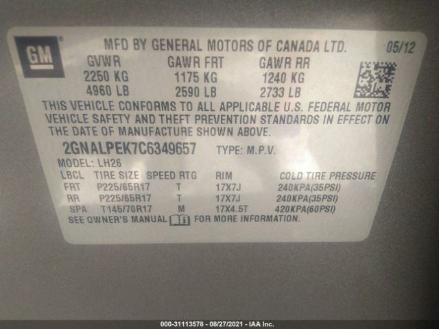 Photo 8 VIN: 2GNALPEK7C6349657 - CHEVROLET EQUINOX 