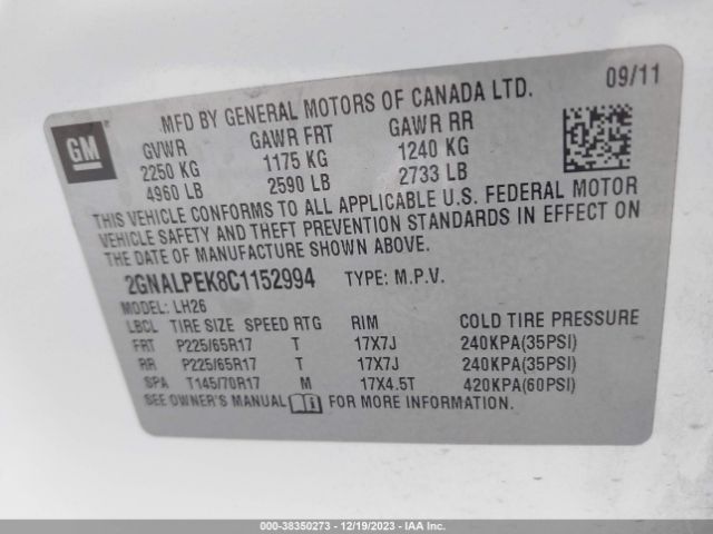 Photo 8 VIN: 2GNALPEK8C1152994 - CHEVROLET EQUINOX 