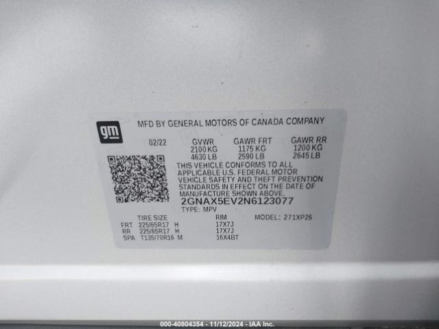 Photo 8 VIN: 2GNAX5EV2N6123077 - CHEVROLET EQUINOX 