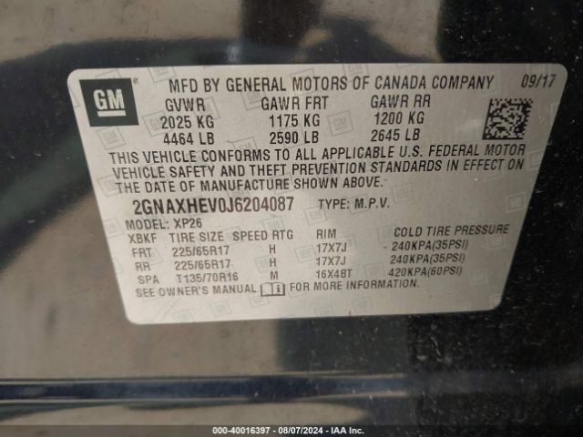 Photo 8 VIN: 2GNAXHEV0J6204087 - CHEVROLET EQUINOX 