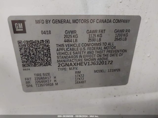 Photo 8 VIN: 2GNAXHEV1J6320172 - CHEVROLET EQUINOX 