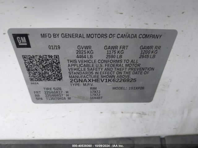 Photo 8 VIN: 2GNAXHEV1K6226925 - CHEVROLET EQUINOX 