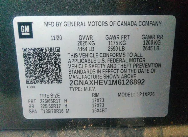 Photo 8 VIN: 2GNAXHEV1M6126892 - CHEVROLET EQUINOX 