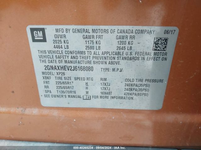 Photo 8 VIN: 2GNAXHEV2J6168080 - CHEVROLET EQUINOX 