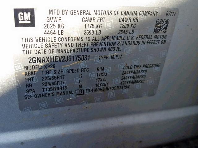 Photo 9 VIN: 2GNAXHEV2J6175031 - CHEVROLET EQUINOX LS 