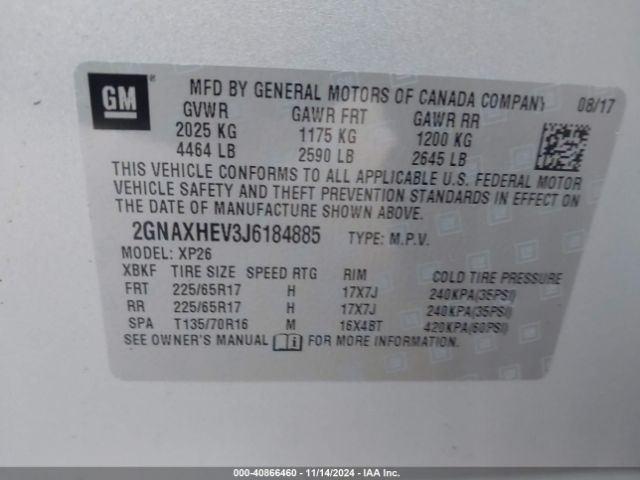 Photo 8 VIN: 2GNAXHEV3J6184885 - CHEVROLET EQUINOX 