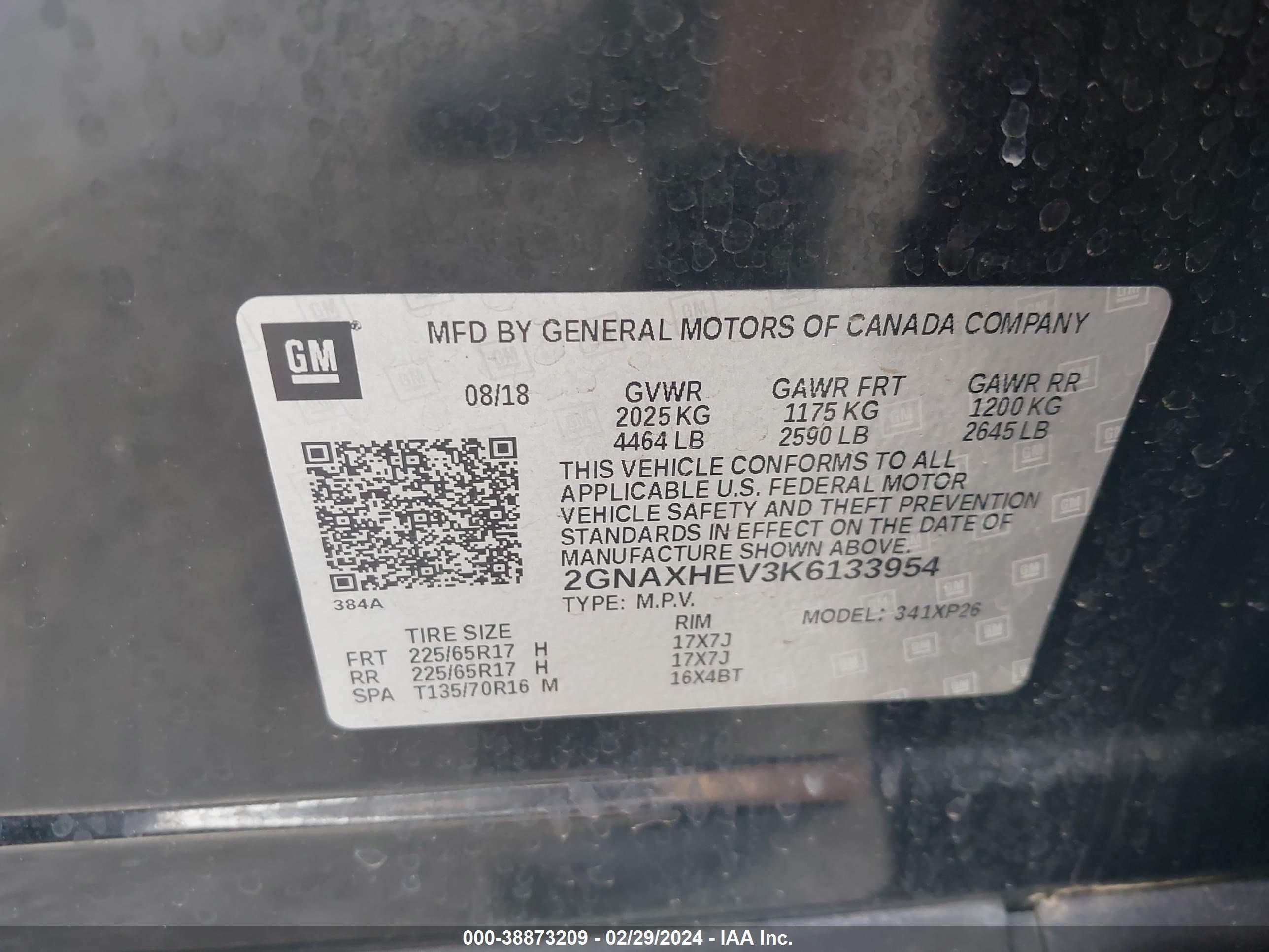 Photo 8 VIN: 2GNAXHEV3K6133954 - CHEVROLET EQUINOX 