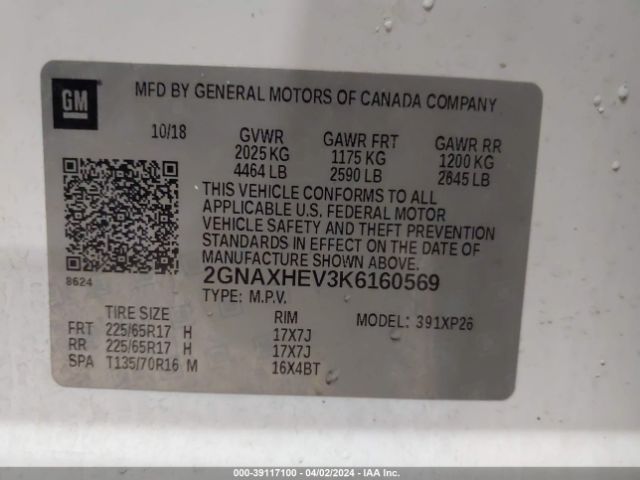 Photo 8 VIN: 2GNAXHEV3K6160569 - CHEVROLET EQUINOX 