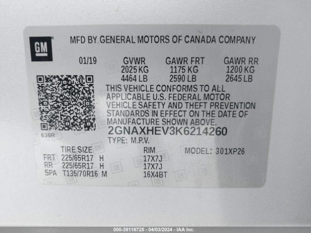 Photo 8 VIN: 2GNAXHEV3K6214260 - CHEVROLET EQUINOX 