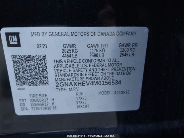 Photo 8 VIN: 2GNAXHEV4M6156534 - CHEVROLET EQUINOX 