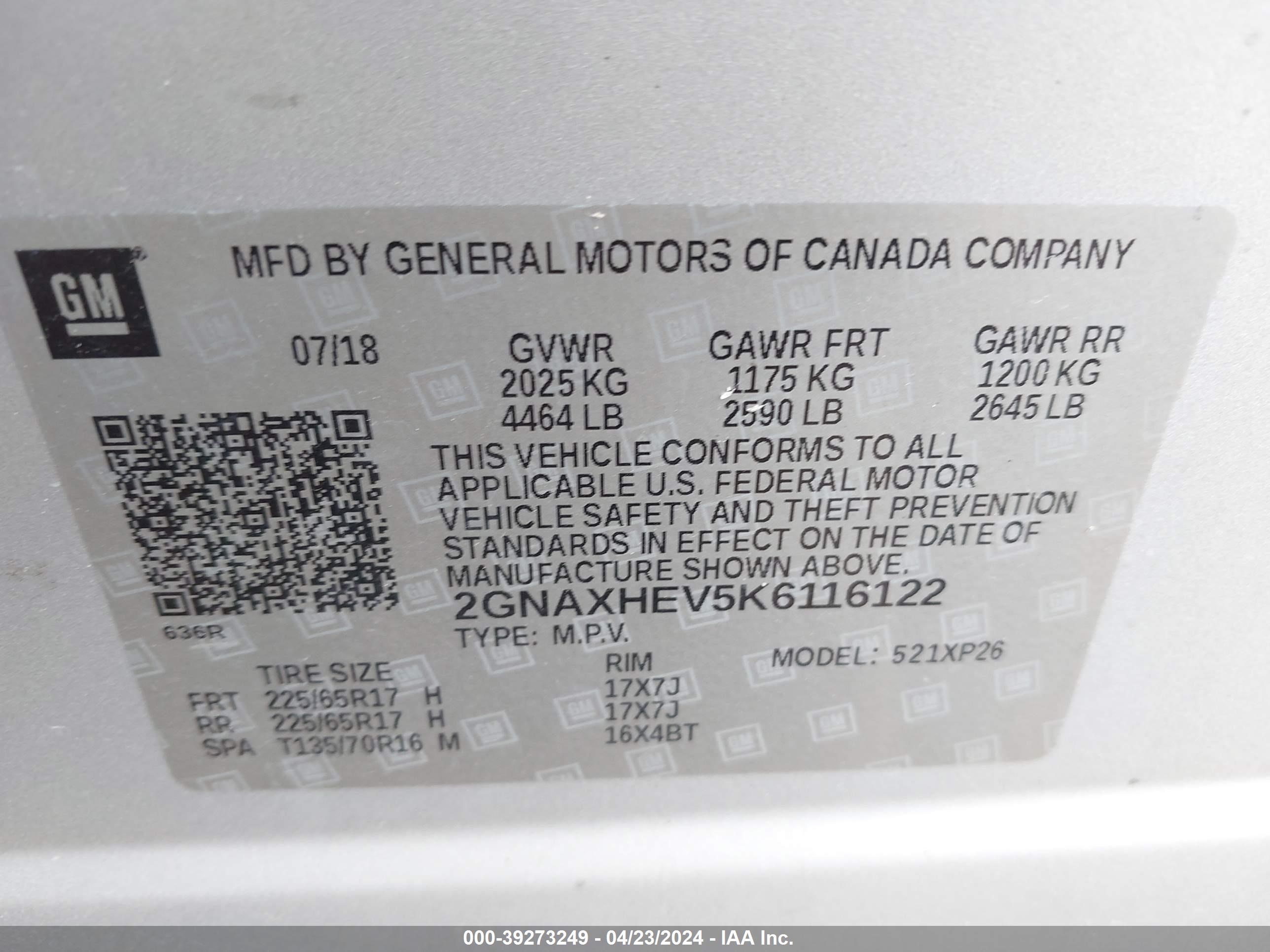 Photo 8 VIN: 2GNAXHEV5K6116122 - CHEVROLET EQUINOX 