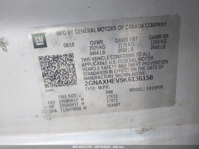 Photo 8 VIN: 2GNAXHEV5K6136158 - CHEVROLET EQUINOX 