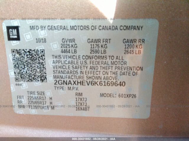 Photo 8 VIN: 2GNAXHEV6K6169640 - CHEVROLET EQUINOX 