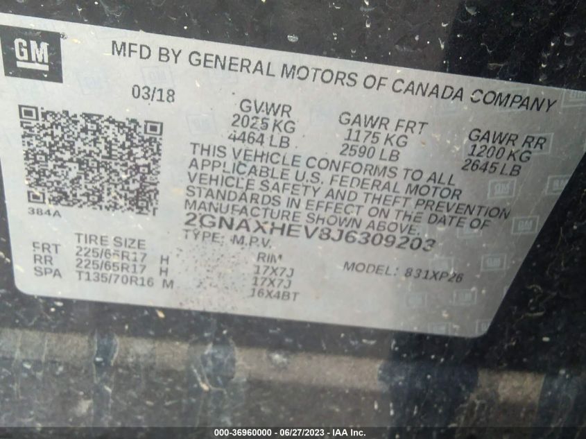 Photo 8 VIN: 2GNAXHEV8J6309203 - CHEVROLET EQUINOX 