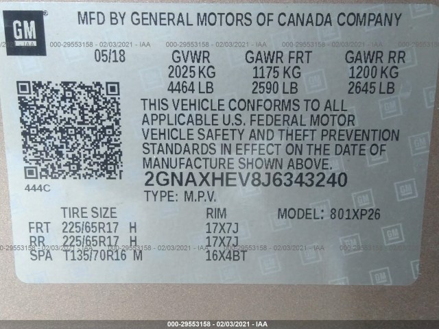 Photo 8 VIN: 2GNAXHEV8J6343240 - CHEVROLET EQUINOX 