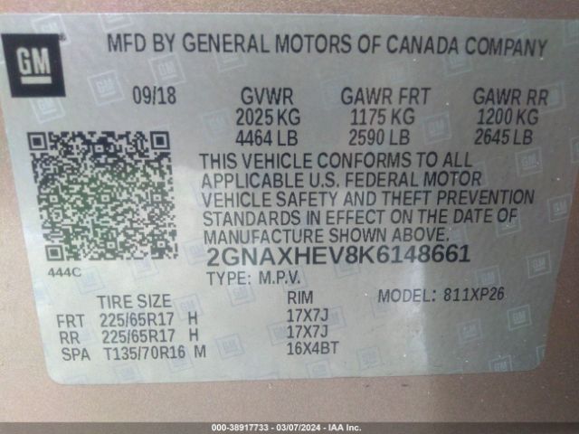 Photo 8 VIN: 2GNAXHEV8K6148661 - CHEVROLET EQUINOX 