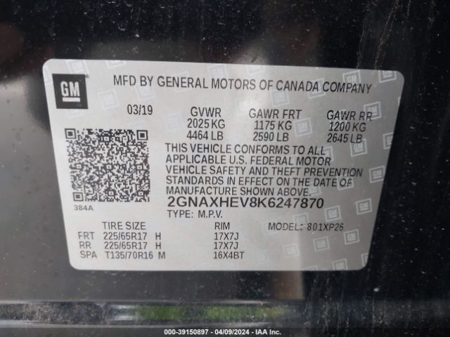 Photo 8 VIN: 2GNAXHEV8K6247870 - CHEVROLET EQUINOX 