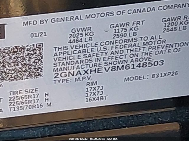 Photo 8 VIN: 2GNAXHEV8M6148503 - CHEVROLET EQUINOX 