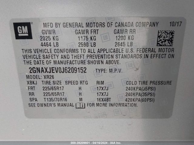 Photo 8 VIN: 2GNAXJEV0J6209152 - CHEVROLET EQUINOX 