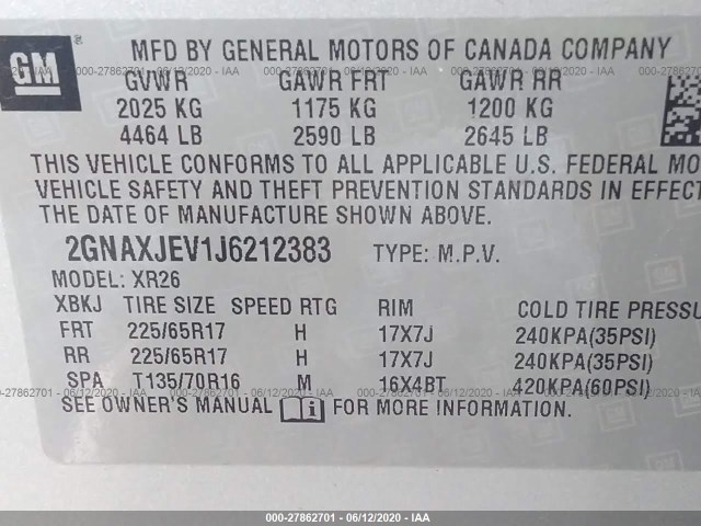 Photo 8 VIN: 2GNAXJEV1J6212383 - CHEVROLET EQUINOX 