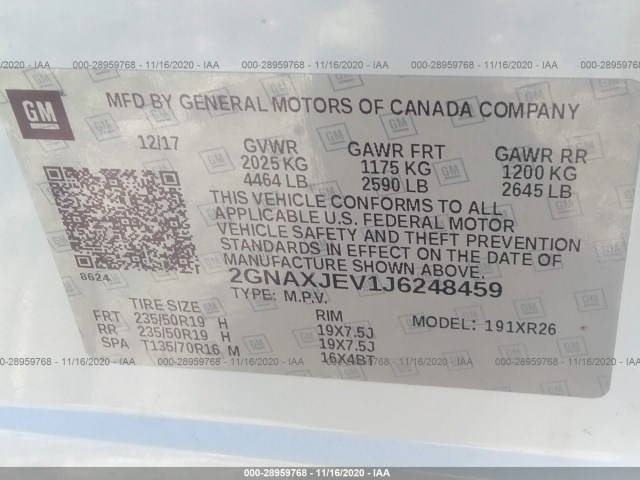 Photo 8 VIN: 2GNAXJEV1J6248459 - CHEVROLET EQUINOX 