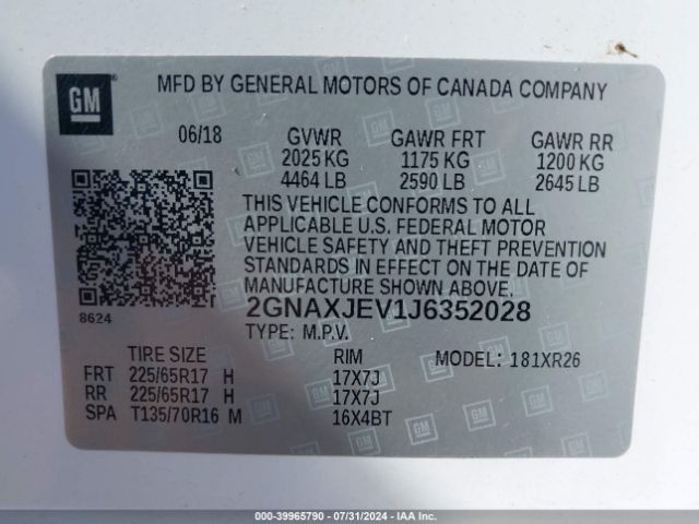 Photo 8 VIN: 2GNAXJEV1J6352028 - CHEVROLET EQUINOX 