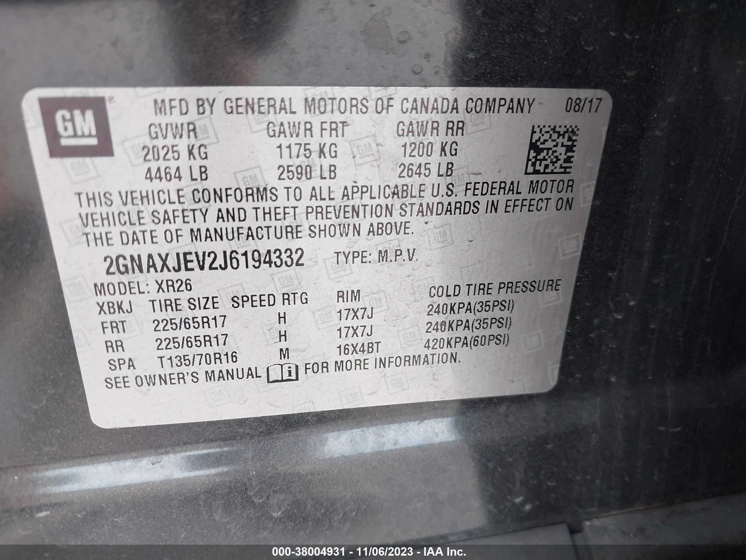 Photo 8 VIN: 2GNAXJEV2J6194332 - CHEVROLET EQUINOX 