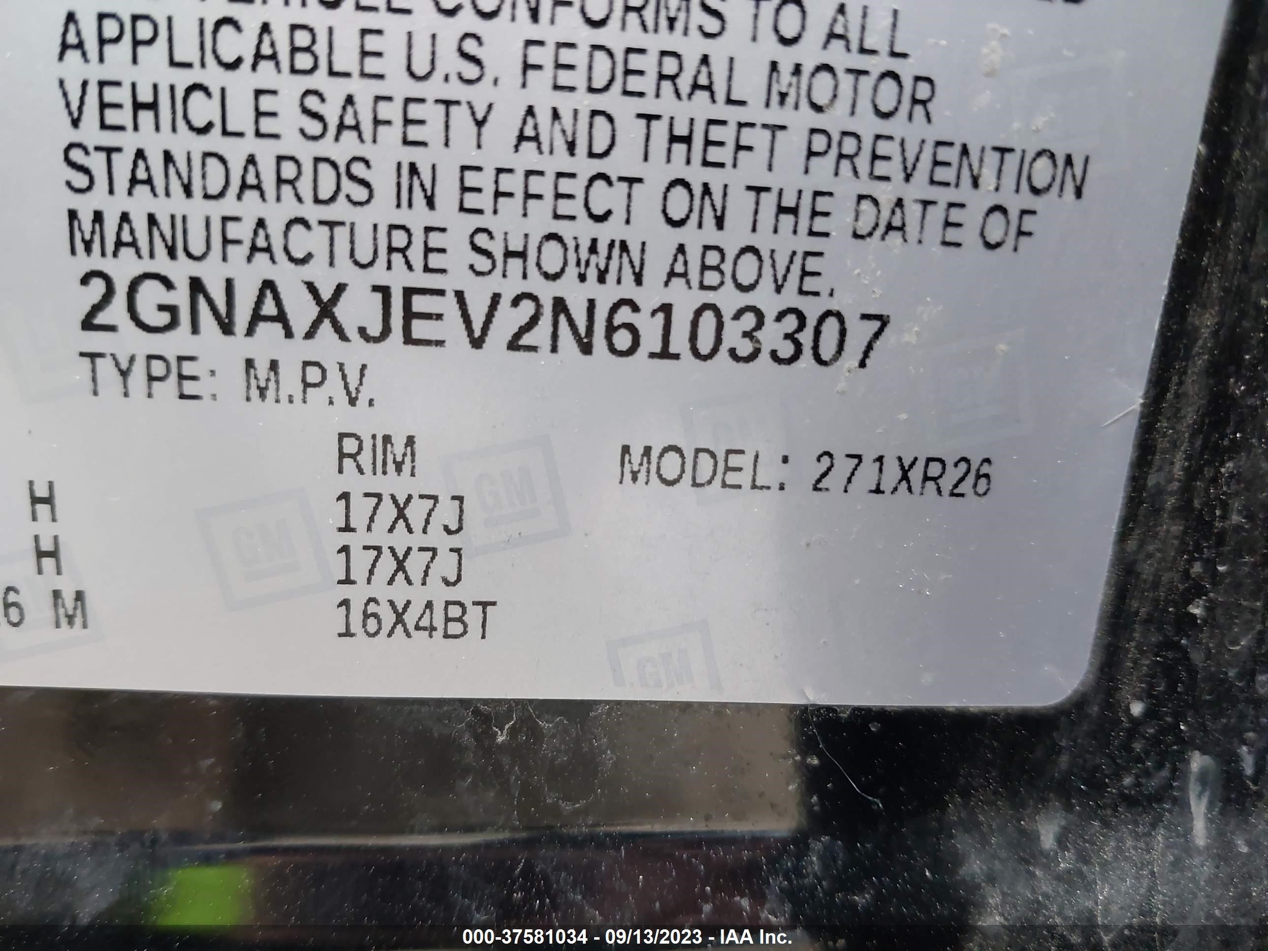 Photo 8 VIN: 2GNAXJEV2N6103307 - CHEVROLET EQUINOX 