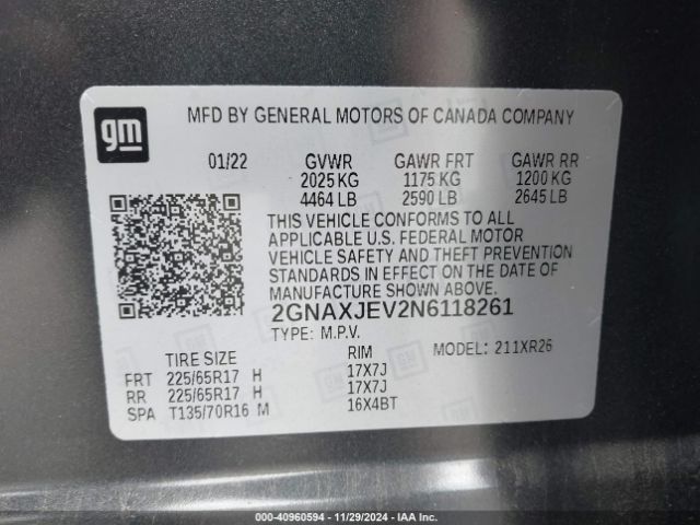 Photo 8 VIN: 2GNAXJEV2N6118261 - CHEVROLET EQUINOX 