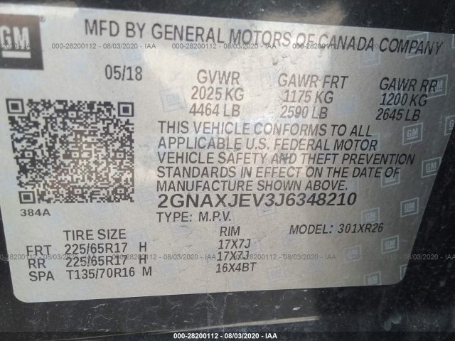 Photo 8 VIN: 2GNAXJEV3J6348210 - CHEVROLET EQUINOX 