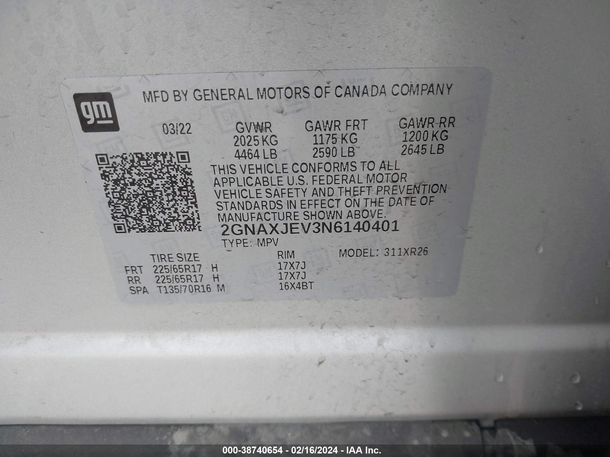 Photo 8 VIN: 2GNAXJEV3N6140401 - CHEVROLET EQUINOX 