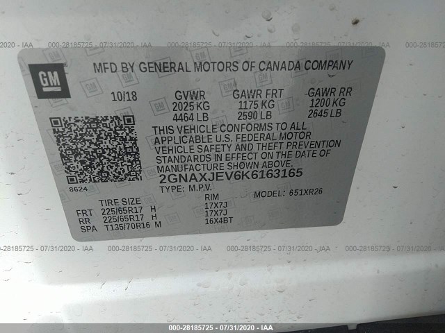 Photo 8 VIN: 2GNAXJEV6K6163165 - CHEVROLET EQUINOX 