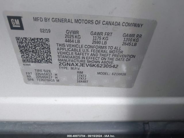 Photo 8 VIN: 2GNAXJEV6K6230542 - CHEVROLET EQUINOX 