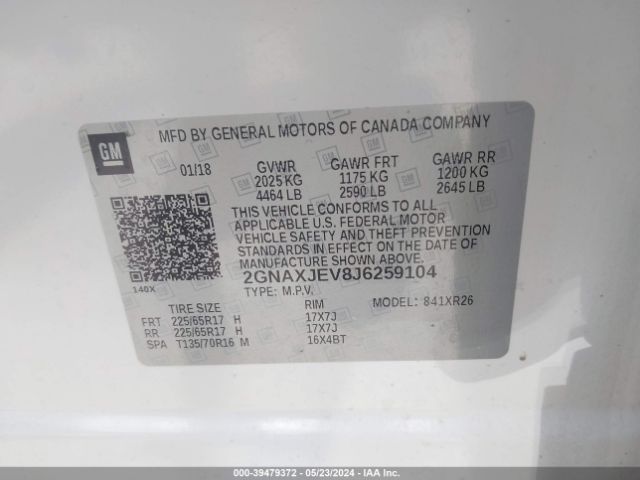 Photo 8 VIN: 2GNAXJEV8J6259104 - CHEVROLET EQUINOX 