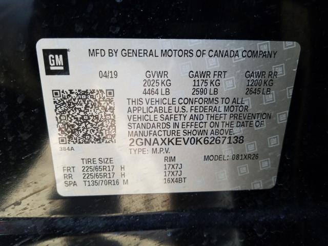 Photo 9 VIN: 2GNAXKEV0K6267138 - CHEVROLET EQUINOX LT 