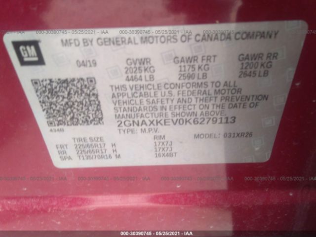 Photo 8 VIN: 2GNAXKEV0K6279113 - CHEVROLET EQUINOX 