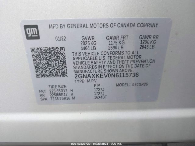 Photo 8 VIN: 2GNAXKEV0N6115736 - CHEVROLET EQUINOX 