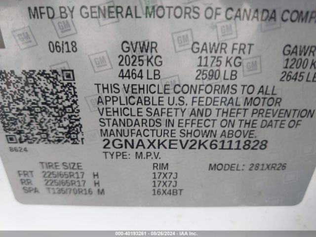 Photo 8 VIN: 2GNAXKEV2K6111828 - CHEVROLET EQUINOX 