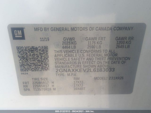 Photo 8 VIN: 2GNAXKEV2L6183033 - CHEVROLET EQUINOX 