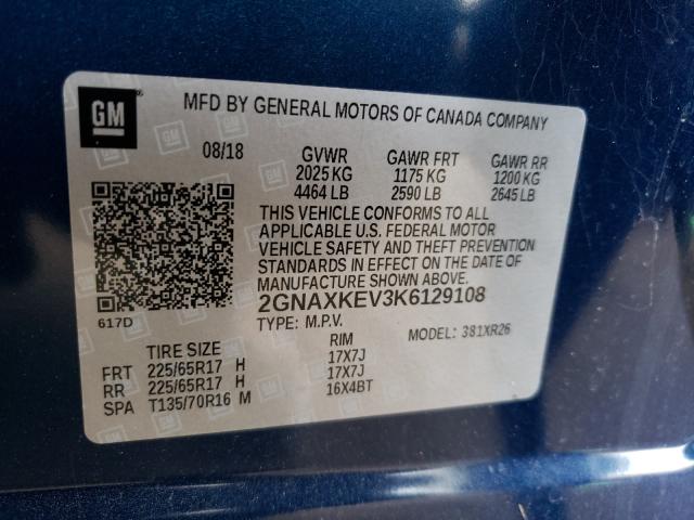 Photo 9 VIN: 2GNAXKEV3K6129108 - CHEVROLET EQUINOX LT 