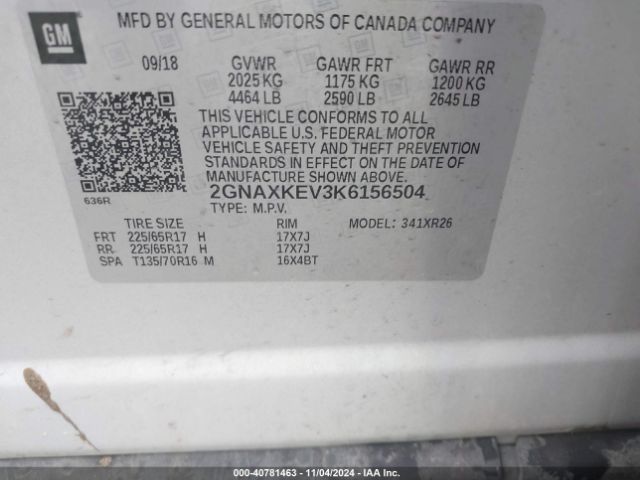 Photo 8 VIN: 2GNAXKEV3K6156504 - CHEVROLET EQUINOX 