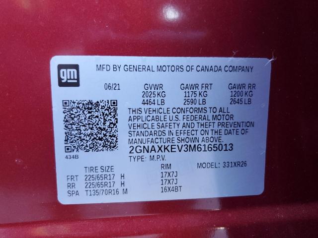 Photo 12 VIN: 2GNAXKEV3M6165013 - CHEVROLET EQUINOX LT 