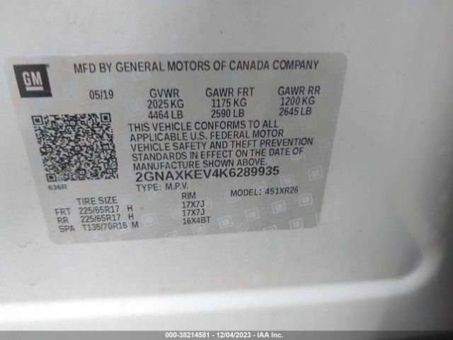 Photo 8 VIN: 2GNAXKEV4K6289935 - CHEVROLET EQUINOX 