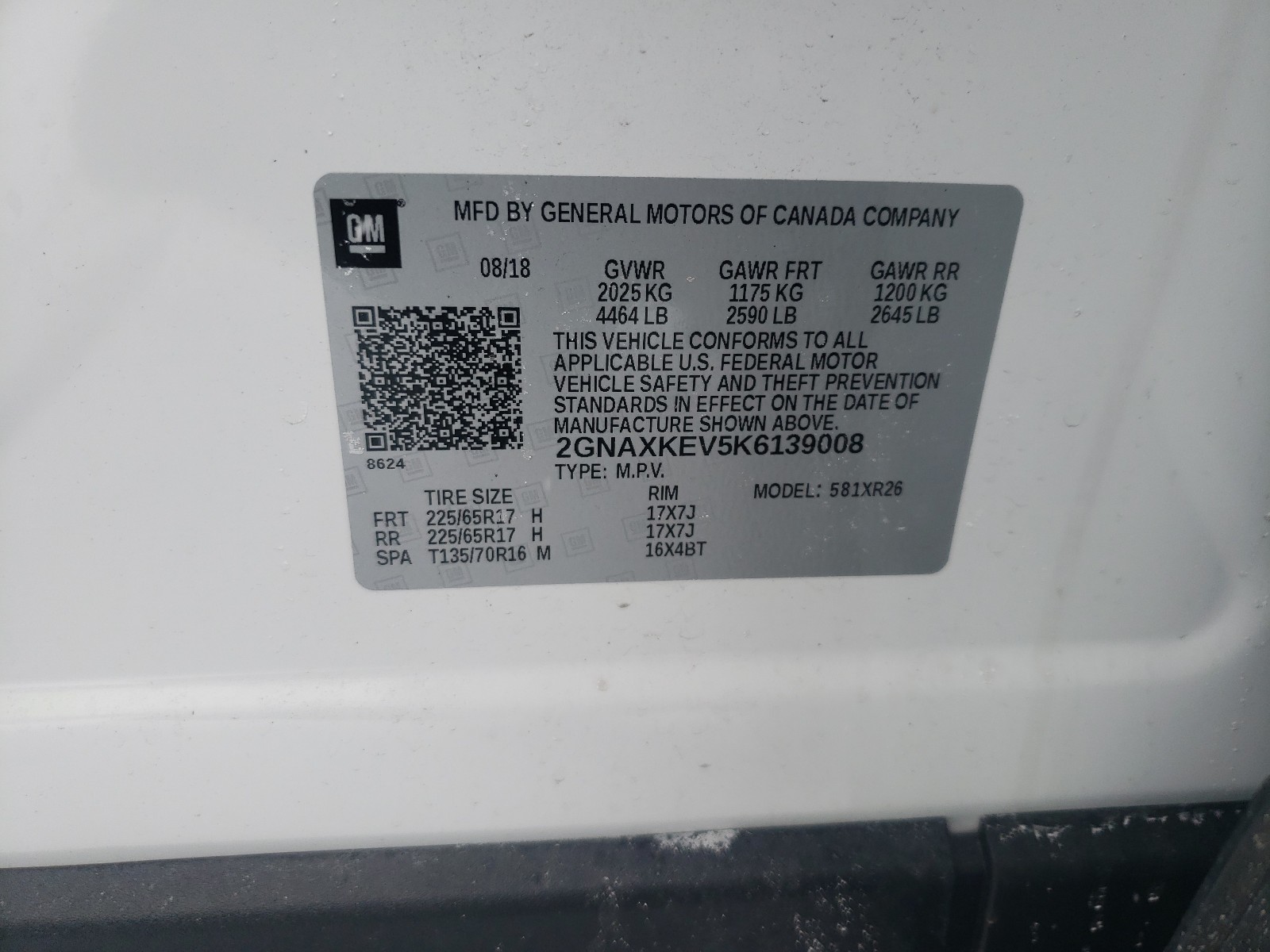 Photo 9 VIN: 2GNAXKEV5K6139008 - CHEVROLET EQUINOX LT 