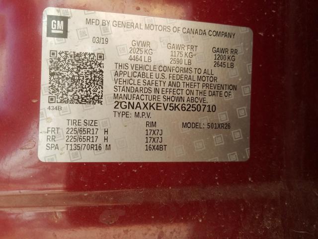 Photo 9 VIN: 2GNAXKEV5K6250710 - CHEVROLET EQUINOX LT 